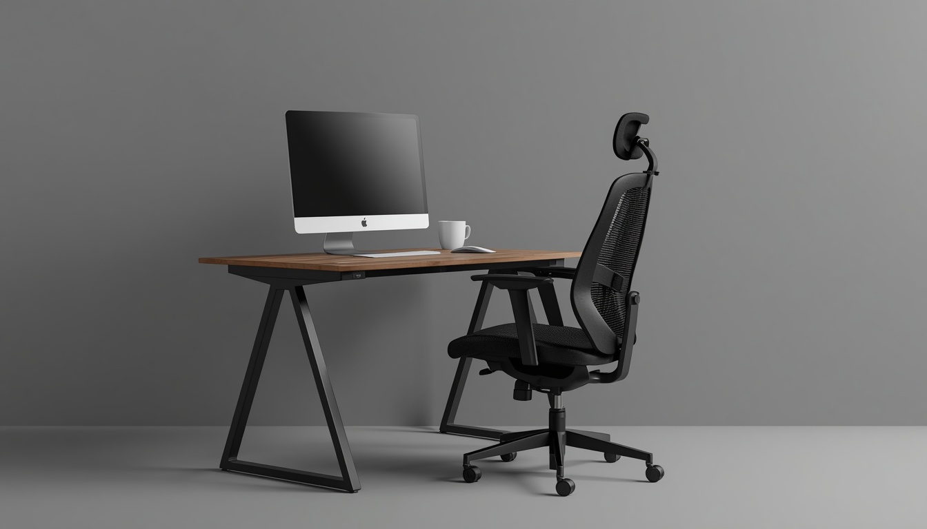 Ergonomic desk setup with monitor and chair in a modern home office